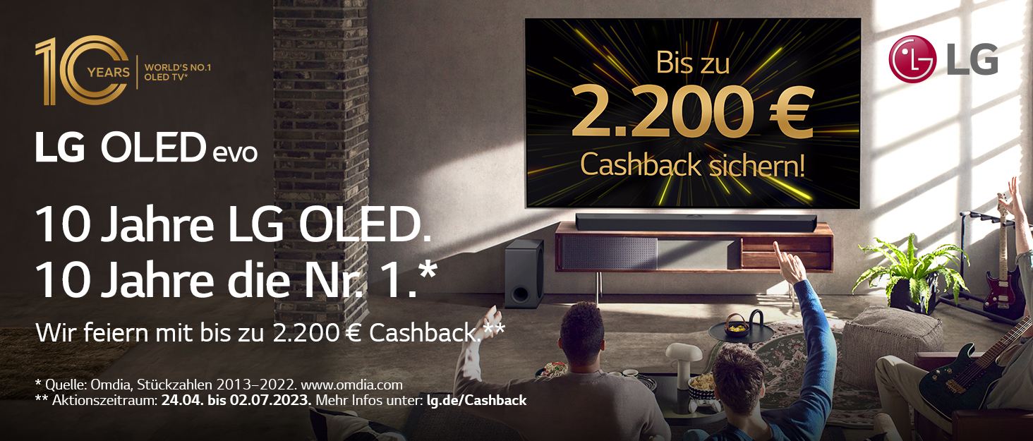 10 Jahre LG OLED. 10 Jahre die Nr. 1. Wir feiern 10 Wochen lang mit bis zu 2.200 € Cashback auf ausgewählte LG Smart TVs und Audio-Produkte 