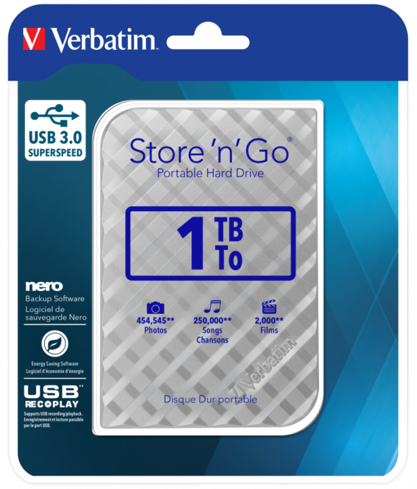 Verbatim Festplatte 1TB USB 3.0 53197 2,5 Zoll extern silber 2. Gen.