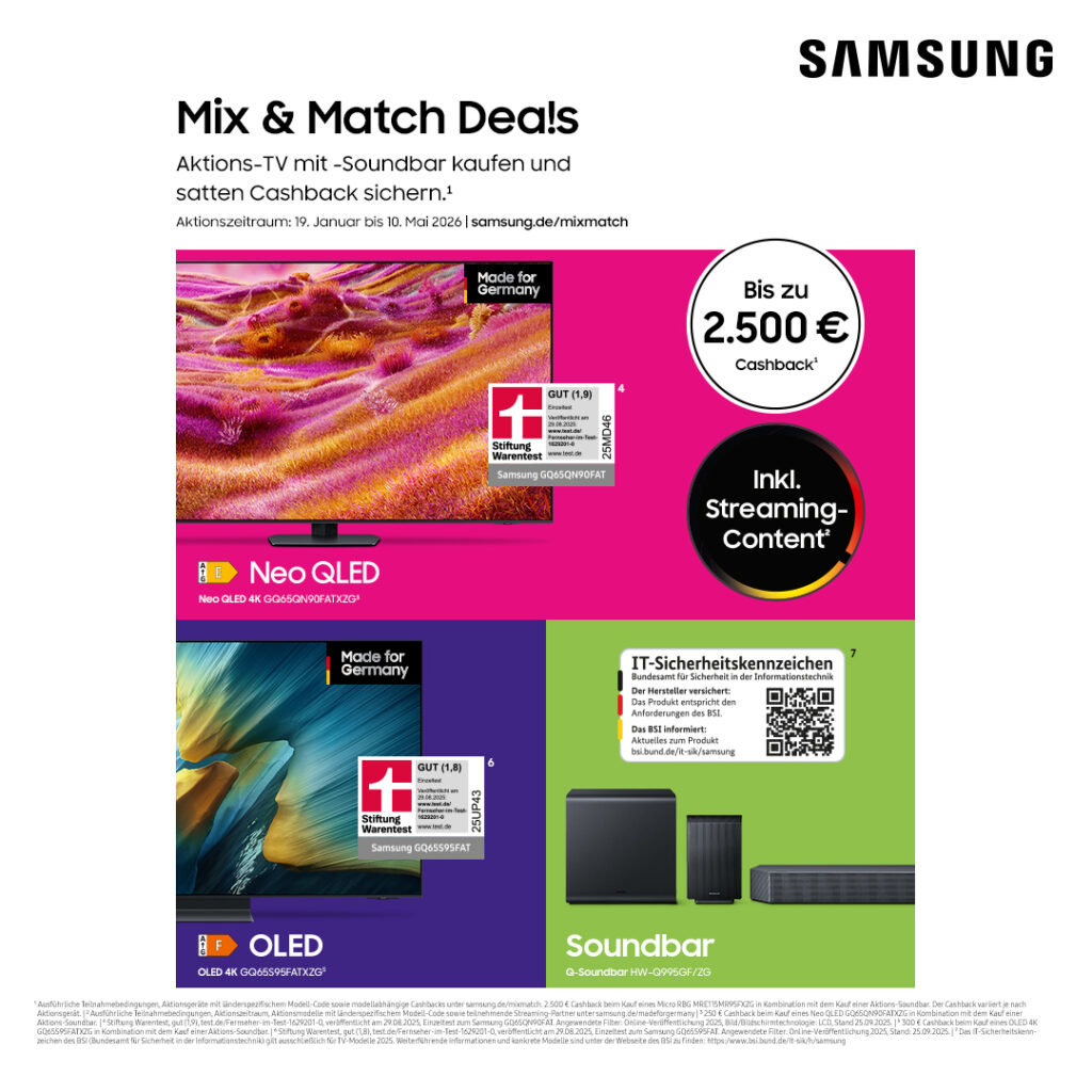 Samsung VSX Mix & Match Deals 2026 bei Atlas Vision Store – Bis zu 2.500 € Cashback