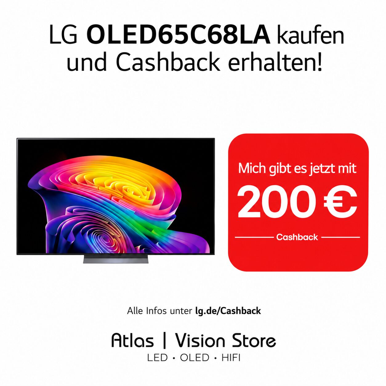 LG OLED65C68LA 65 Zoll OLED C6 mit 200 Euro Cashback bei Atlas Vision Store