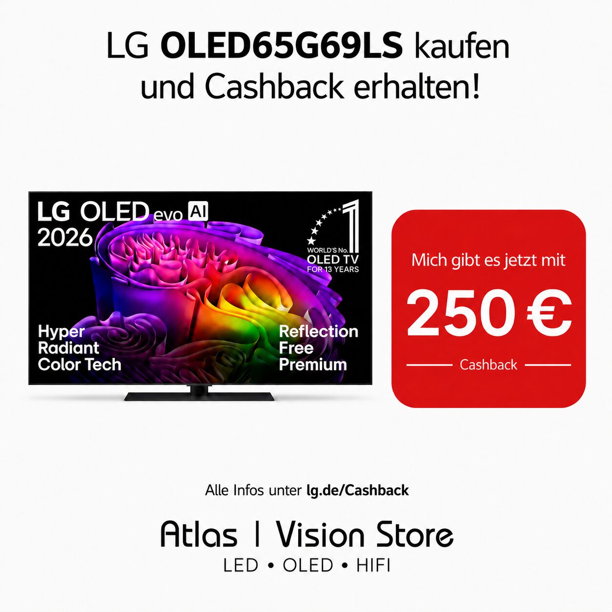 LG OLED65G69LS 65 Zoll OLED evo G6 mit 250 Euro Cashback bei Atlas Vision Store